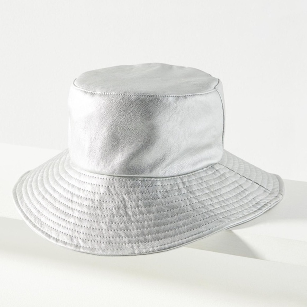 Anthropologie Silver Faux Leather Bucket Hat